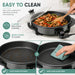 Leisurewize Multi-Functional Electric Skillet / Cooker 1500W - product infographic, showing an electric skillet with a glass lid cooking food on a light countertop, alongside marketing text and before/after cleaning demonstrations. A hand is visible stirring the pan and wiping it with a cloth.