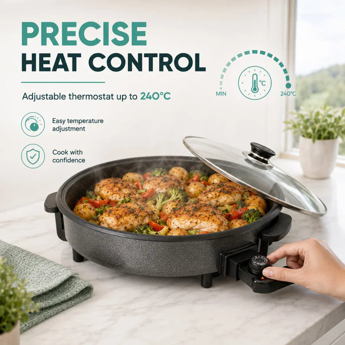 Leisurewize Multi-Functional Electric Skillet / Cooker 1500W - product infographic, showing an electric skillet with a glass lid, filled with cooked chicken and vegetables, on a marble countertop. A hand is turning the control knob on the side.