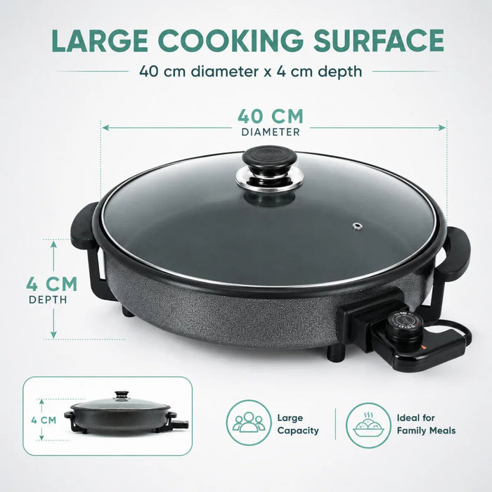 Leisurewize Multi-Functional Electric Skillet / Cooker 1500W - product infographic showing an electric skillet with a glass lid and side handles, with measurement callouts indicating a 40 cm diameter and 4 cm depth. The image includes marketing text reading 'LARGE COOKING SURFACE' and icons noting large capacity and suitability for family meals.