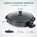 Leisurewize Multi-Functional Electric Skillet / Cooker 1500W - product infographic showing an electric skillet with a glass lid and side handles, with measurement callouts indicating a 40 cm diameter and 4 cm depth. The image includes marketing text reading 'LARGE COOKING SURFACE' and icons noting large capacity and suitability for family meals.