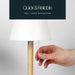 Leisurewize Orli Rechargeable Table Lamp – product image, showing a hand pulling a cord attached to a floor lamp with a white shade and light wood base, demonstrating pull cord operation. A dark overlay at the top reads 'Quick & Reliable' and 'PULL CORD OPERATION'.