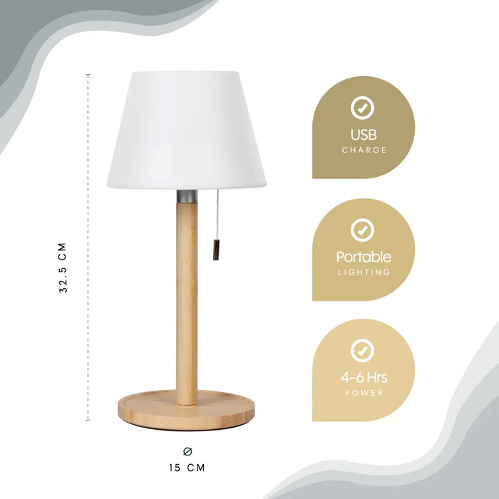 Leisurewize Orli Rechargeable Table Lamp – product infographic, showing lamp with dimensions