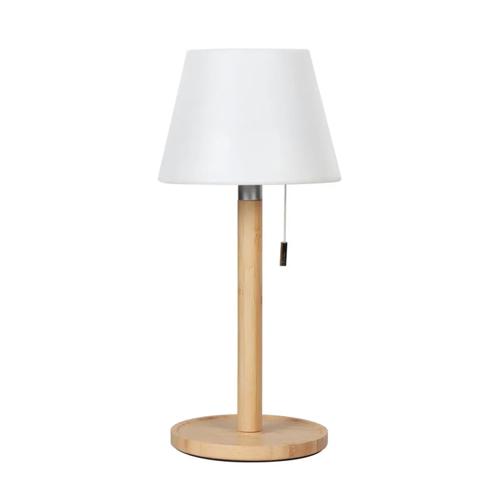 Leisurewize Orli Rechargeable Table Lamp – main product image, showing a table lamp with wooden base and white shade on a white background