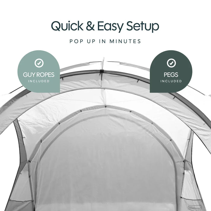 Leisurewize Outdoor Retreat Quick Erect Camping Shelter 3.5m - product infographic showing pop-up tent canopy from the front with text reading 'Quick & Easy Setup' and 'POP UP IN MINUTES.' Two circular callouts indicate included accessories: 'GUY ROPES INCLUDED' on the left and 'PEGS INCLUDED' on the right.
