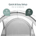 Leisurewize Outdoor Retreat Quick Erect Camping Shelter 3.5m - product infographic showing pop-up tent canopy from the front with text reading 'Quick & Easy Setup' and 'POP UP IN MINUTES.' Two circular callouts indicate included accessories: 'GUY ROPES INCLUDED' on the left and 'PEGS INCLUDED' on the right.