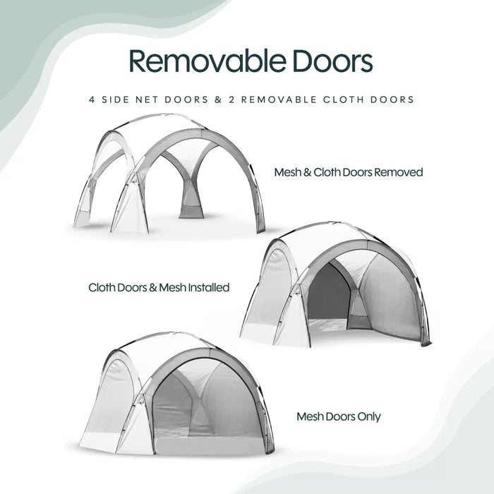 Leisurewize Outdoor Retreat Quick Erect Camping Shelter 3.5m - product information graphic showing a pop-up tent with labeled views for removable doors: top view labeled 'Removable Doors,' middle view labeled 'Cloth Doors & Mesh Installed,' and bottom view labeled 'Mesh Doors Only.' The text also notes '4 side net doors & 2 removable cloth doors.