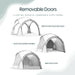 Leisurewize Outdoor Retreat Quick Erect Camping Shelter 3.5m - product information graphic showing a pop-up tent with labeled views for removable doors: top view labeled 'Removable Doors,' middle view labeled 'Cloth Doors & Mesh Installed,' and bottom view labeled 'Mesh Doors Only.' The text also notes '4 side net doors & 2 removable cloth doors.
