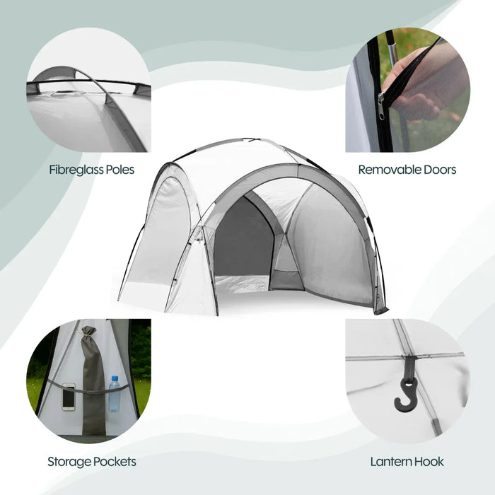 Leisurewize Outdoor Retreat Quick Erect Camping Shelter 3.5m - product infographic, showing white and gray pop-up canopy tent on a light gray background with four circular callout images highlighting features: fibreglass poles, removable doors, storage pockets, and a lantern hook.