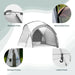 Leisurewize Outdoor Retreat Quick Erect Camping Shelter 3.5m - product infographic, showing white and gray pop-up canopy tent on a light gray background with four circular callout images highlighting features: fibreglass poles, removable doors, storage pockets, and a lantern hook.
