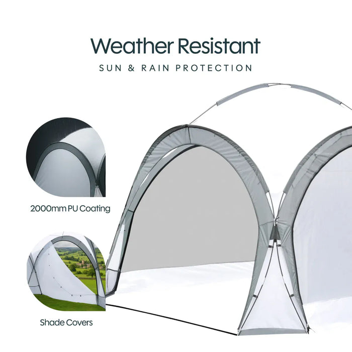 Leisurewize Outdoor Retreat Quick Erect Camping Shelter 3.5m - product infographic showing white and gray pop-up canopy tent with text overlays highlighting its weather-resistant features, including 2000mm PU coating and built-in shade covers, on a plain white background.