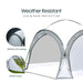 Leisurewize Outdoor Retreat Quick Erect Camping Shelter 3.5m - product infographic showing white and gray pop-up canopy tent with text overlays highlighting its weather-resistant features, including 2000mm PU coating and built-in shade covers, on a plain white background.