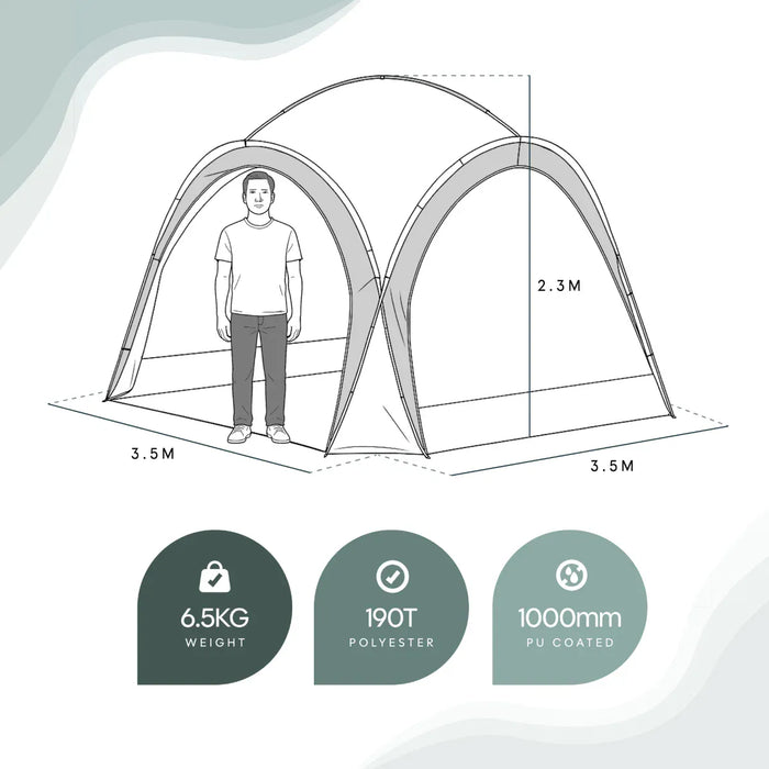 Leisurewize Outdoor Retreat Quick Erect Camping Shelter 3.5m - product infographic, depicting tent with person standing inside, showing height, width and depth dimensions, weight, and material quality information
