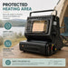 Leisurewize Portable Outdoor Butane Gas Heater 1.3kW - product infographic, showing a black portable outdoor heater with a safety grill and control dial, shown on a wooden surface with outdoor scenery in the background and marketing text highlighting safety and outdoor use.