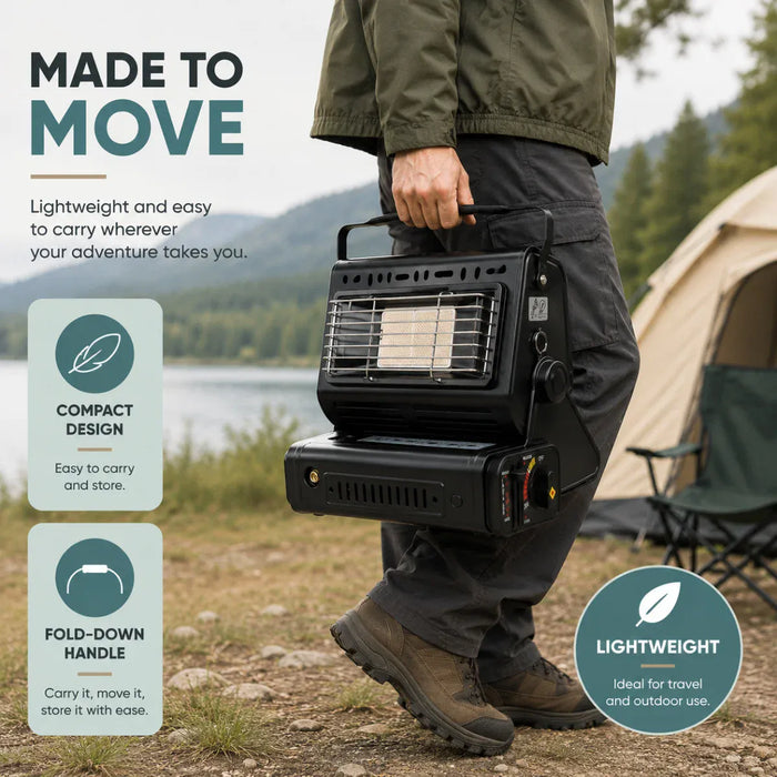 Leisurewize Portable Outdoor Butane Gas Heater 1.3kW - product infographic, showing a person outdoors carrying a black heater by its handle, with callouts for features such as lightweight, compact design, and fold-down handle.