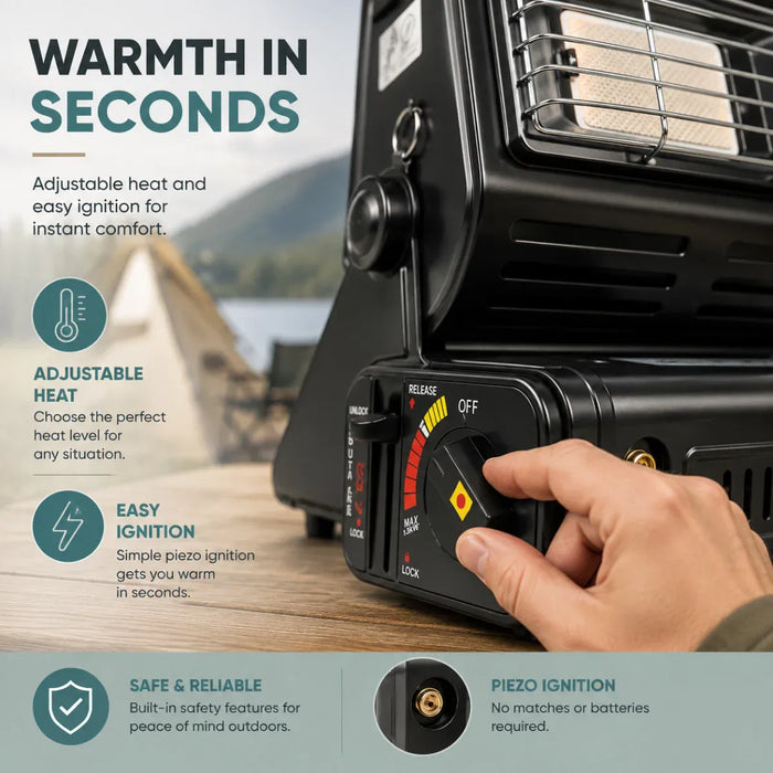Leisurewize Portable Outdoor Butane Gas Heater 1.3kW - product infographic, showing a close-up of a black portable heater being adjusted by a hand, with overlaid marketing text highlighting adjustable heat, easy ignition, safe features, and piezo ignition. The heater is shown against a softly blurred outdoor background.