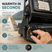 Leisurewize Portable Outdoor Butane Gas Heater 1.3kW - product infographic, showing a close-up of a black portable heater being adjusted by a hand, with overlaid marketing text highlighting adjustable heat, easy ignition, safe features, and piezo ignition. The heater is shown against a softly blurred outdoor background.