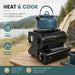 Leisurewize Portable Outdoor Butane Gas Heater 1.3kW - product infographic, showing a black 2-in-1 portable camping stove with a blue kettle on top, shown outdoors on a wooden table with a tent and lake in the background. The image includes marketing text and icons highlighting features like heat and cook, 2-in-1 design, outdoor cooking, etc.