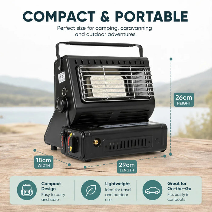 Leisurewize Portable Outdoor Butane Gas Heater 1.3kW - product image, showing a black portable camping heater shown on a wooden surface with a blurred outdoor background. The image includes measurement callouts for height, width, and length, along with marketing text reading 'COMPACT & PORTABLE' and feature icons for compact design, lightweight, and great for on-the-go use.