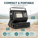 Leisurewize Portable Outdoor Butane Gas Heater 1.3kW - product image, showing a black portable camping heater shown on a wooden surface with a blurred outdoor background. The image includes measurement callouts for height, width, and length, along with marketing text reading 'COMPACT & PORTABLE' and feature icons for compact design, lightweight, and great for on-the-go use.