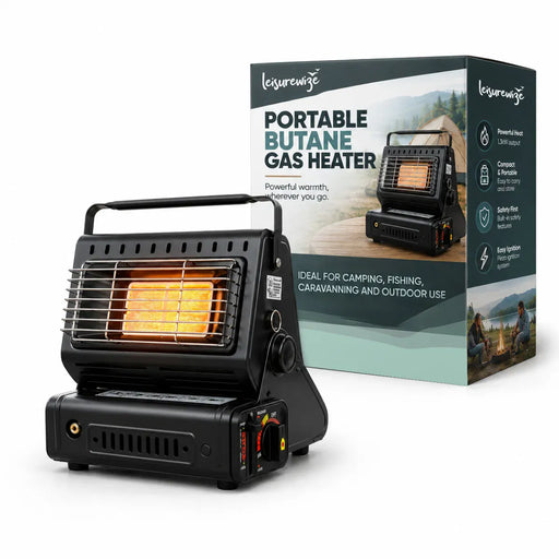Leisurewize Portable Outdoor Butane Gas Heater 1.3kW - main product image, showing a portable butane gas heater in black with an illuminated orange flame, shown in front of its product packaging box on a white background.