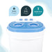 Leisurewize Portawash Twin Tub Portable Camping Washing Machine - product image, showing product with infographics regarding maximum wash timer, spin timer, and water inlet