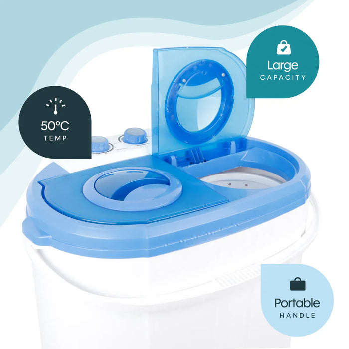 Leisurewize Portawash Twin Tub Portable Camping Washing Machine - product image, showing product with lid open and infographics regarding temperature, capacity and handle