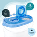 Leisurewize Portawash Twin Tub Portable Camping Washing Machine - product image, showing product with lid open and infographics regarding temperature, capacity and handle