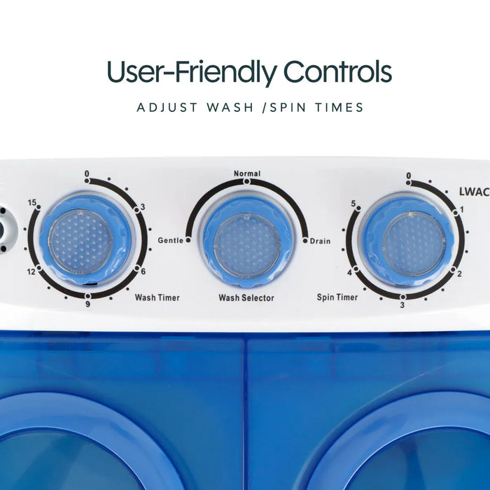 Leisurewize Portawash Twin Tub Portable Camping Washing Machine - product image, showing close-up of adjustable controls with caption