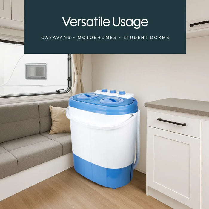 Leisurewize Portawash Twin Tub Portable Camping Washing Machine - lifestyle image, showing product inside motorhome living space, with caption demonstrating its versatile usage in caravans, motorhomes, and student dorms