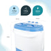 Leisurewize Portawash Twin Tub Portable Camping Washing Machine - product image, showing product dimensions, wash and spin capacities, and power capability