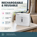 Leisurewize Rechargeable Portable Dehumidifier - product image, showing a dehumidifer on a countertop in a bathroom or vanity setting, with large marketing text on the left and a window and curtain in the background. The product has a small front display and ventilation holes, and the image emphasizes rechargeability and reusability.