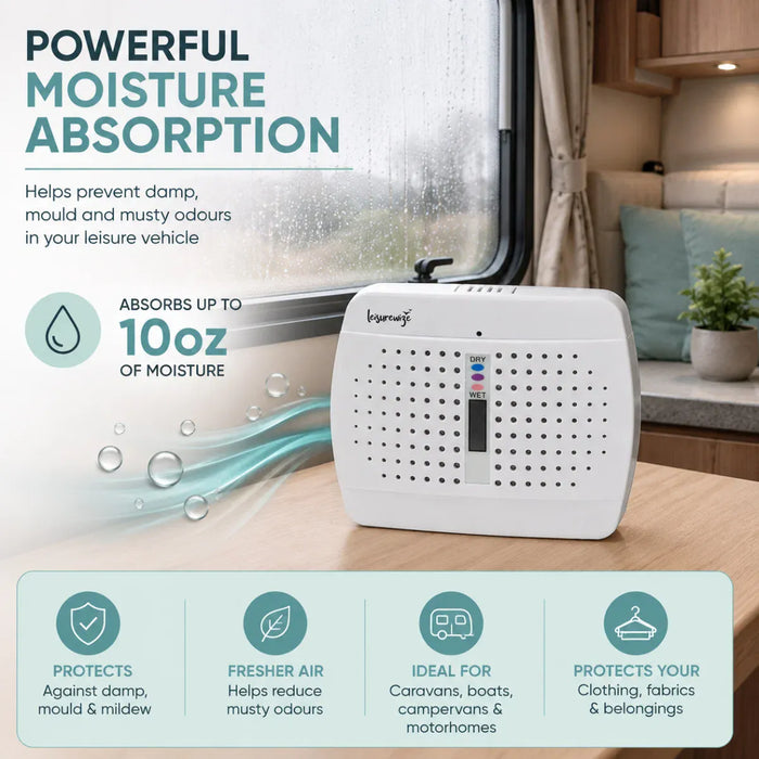 Leisurewize Rechargeable Portable Dehumidifier - product image, showing a white indoor dehumidifier placed on a wooden surface in front of a window, with marketing text about powerful moisture absorption and a row of feature icons along the bottom.