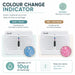 Leisurewize Rechargeable Portable Dehumidifier - product infographic explaining a smart crystal moisture indicator, showing two white devices: one blue indicating dry conditions and one pink indicating full recharge. The brand name 'Leisurewize' is visible on the devices.