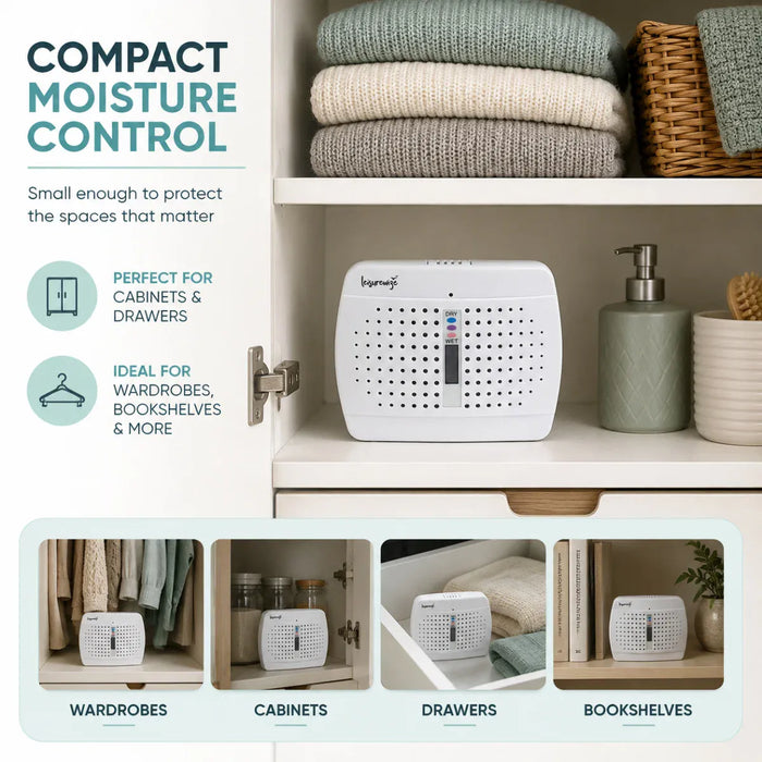 Leisurewize Rechargeable Portable Dehumidifier - product image, showing a compact white moisture control device shown inside an open wardrobe on a shelf, with folded towels, a basket, and bathroom accessories around it. Text on the left reads 'COMPACT MOISTURE CONTROL' and includes usage benefits; smaller inset photos at the bottom show the device in wardrobes, cabinets, drawers, and bookshelves.