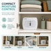 Leisurewize Rechargeable Portable Dehumidifier - product image, showing a compact white moisture control device shown inside an open wardrobe on a shelf, with folded towels, a basket, and bathroom accessories around it. Text on the left reads 'COMPACT MOISTURE CONTROL' and includes usage benefits; smaller inset photos at the bottom show the device in wardrobes, cabinets, drawers, and bookshelves.