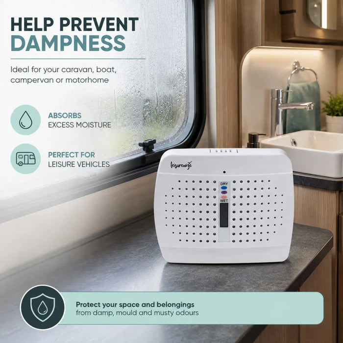 Leisurewize Rechargeable Portable Dehumidifier - product image, showing a white Leisurewize moisture absorber device placed on a countertop inside a caravan or boat cabin, with promotional text overlays highlighting its use to prevent dampness and mould.