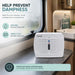 Leisurewize Rechargeable Portable Dehumidifier - product image, showing a white Leisurewize moisture absorber device placed on a countertop inside a caravan or boat cabin, with promotional text overlays highlighting its use to prevent dampness and mould.