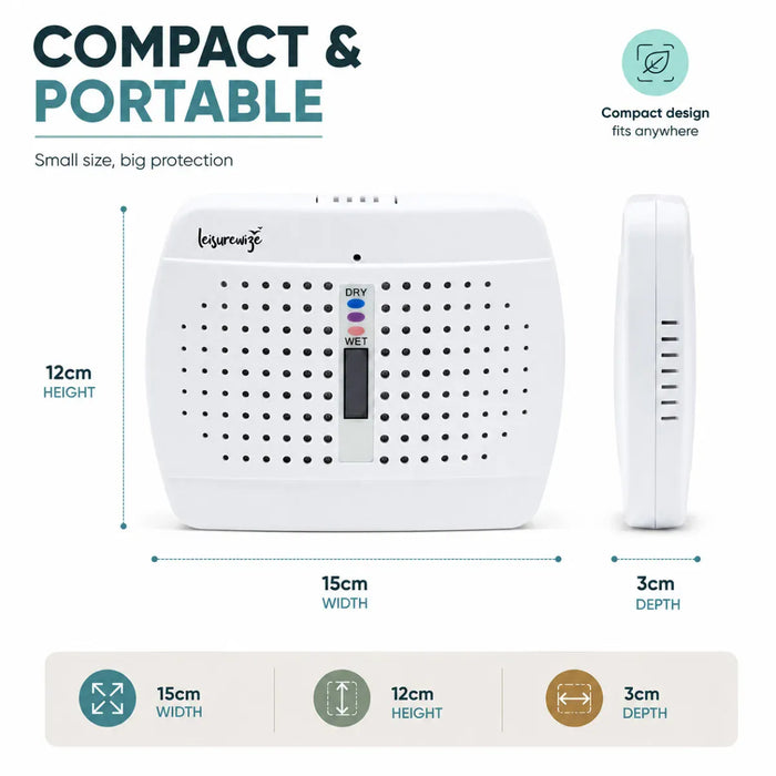 Leisurewize Rechargeable Portable Dehumidifier - product image, showing a white portable dehumidifier shown on a light gray background with dimension labels: 15cm width, 12cm height, and 3cm depth. The image includes marketing text reading 'COMPACT & PORTABLE' and small feature icons.