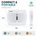 Leisurewize Rechargeable Portable Dehumidifier - product image, showing a white portable dehumidifier shown on a light gray background with dimension labels: 15cm width, 12cm height, and 3cm depth. The image includes marketing text reading 'COMPACT & PORTABLE' and small feature icons.