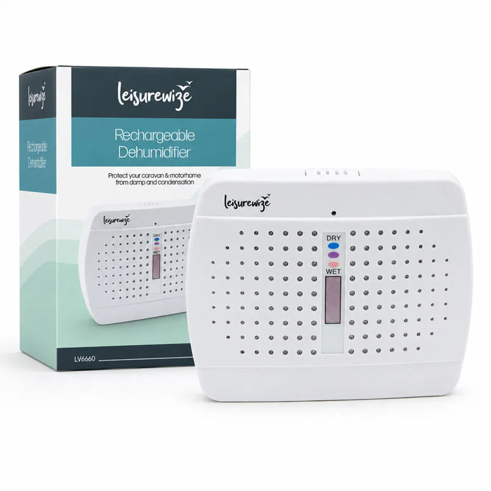 Leisurewize Rechargeable Portable Dehumidifier - main product image, showing a white Leisurewize rechargeable dehumidifier shown in front of its retail box on a clean white background. The device has a perforated front grille, a small display with blue, purple, and red indicator lights, and the Leisurewize logo on the top left.