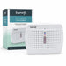 Leisurewize Rechargeable Portable Dehumidifier - main product image, showing a white Leisurewize rechargeable dehumidifier shown in front of its retail box on a clean white background. The device has a perforated front grille, a small display with blue, purple, and red indicator lights, and the Leisurewize logo on the top left.