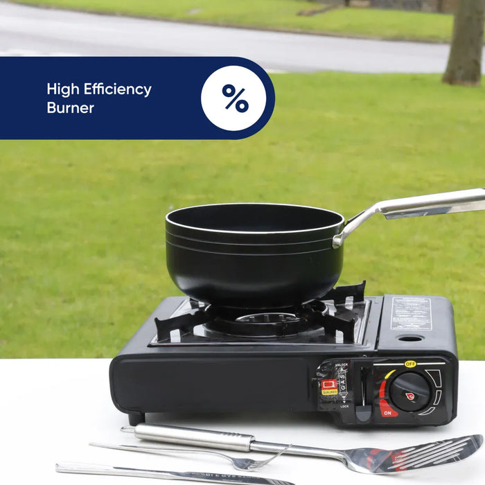 Leisurewize Single Burner Portable Gas Stove 2.5kW - product infographic showing a portable black gas stove with a black saucepan on top, set outdoors on a white table with grass and trees in the background. A dark blue banner at the top left reads 'High Efficiency Burner' with a percentage icon.