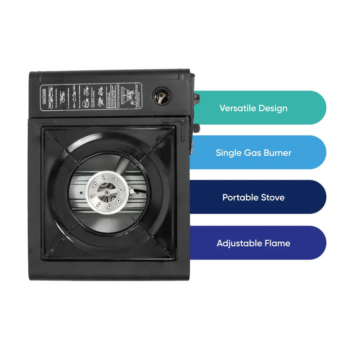 Leisurewize Single Burner Portable Gas Stove 2.5kW - product infographic showing a black portable single-burn gas stove shown on a white background with four colored feature callouts on the right reading 'Versatile Design,' 'Single Gas Burner,' 'Portable Stove,' and 'Adjustable Flame.'.