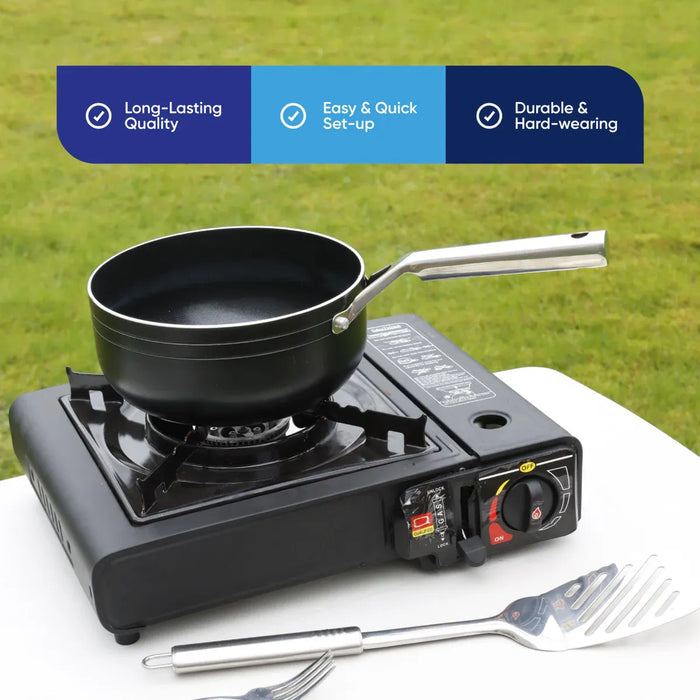 Leisurewize Single Burner Portable Gas Stove 2.5kW - product infographic, showing a portable black gas stove with a small black pan on top, placed on a white table outdoors with grass in the background. A metal spatula rests in front, and a blue feature banner at the top reads 'Long-Lasting Quality', 'Easy & Quick Set-up', and 'Durable & Hard-wearing'.