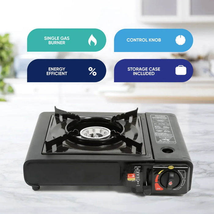 Leisurewize Single Burner Portable Gas Stove 2.5kW - product infographic, showing a portable single-burner gas stove shown on a light marble countertop with a blurred kitchen background. Four feature callouts float above the stove: single gas burner, control knob, energy efficient, and storage case included.
