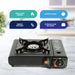Leisurewize Single Burner Portable Gas Stove 2.5kW - product infographic, showing a portable single-burner gas stove shown on a light marble countertop with a blurred kitchen background. Four feature callouts float above the stove: single gas burner, control knob, energy efficient, and storage case included.