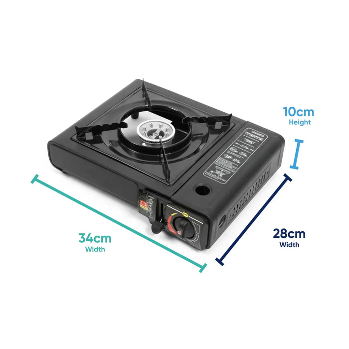 Leisurewize Single Burner Portable Gas Stove 2.5kW - product image, showing a black portable single-burn gas stove shown on a white background with dimension lines and labels indicating 34 cm width, 28 cm depth, and 10 cm height.