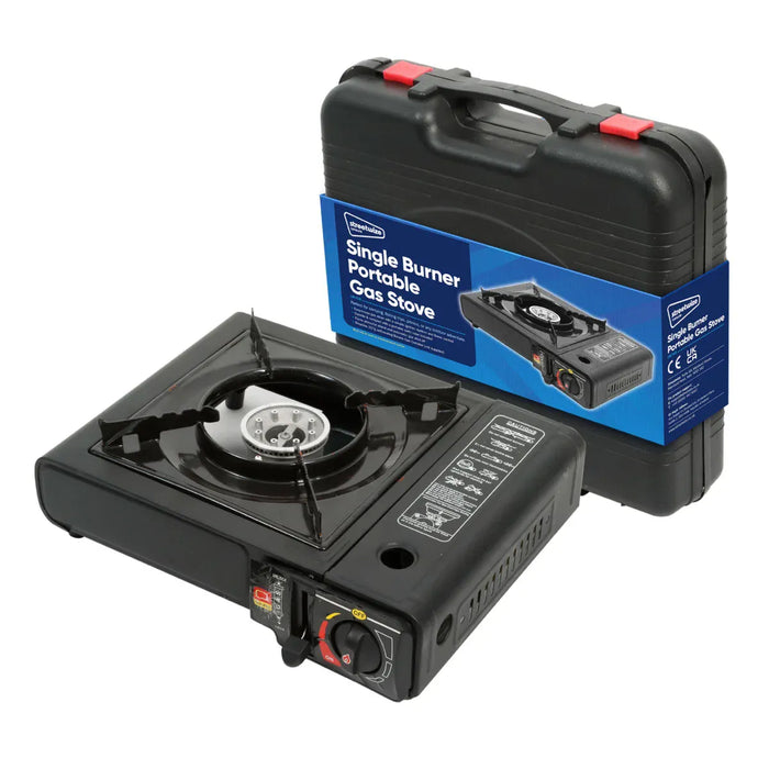 Leisurewize Single Burner Portable Gas Stove 2.5kW - main product image, showing a black portable single-burner gas stove shown in front of its matching black carrying case with a blue label. The stove has a black burner grate and a control dial with red accents on the front, and the case has red latch accents.