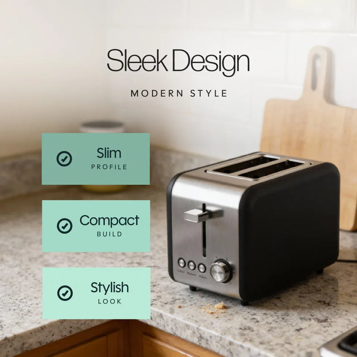 Leisurewize Sleek 2-Slice Toaster Black 850W - product image, showing a modern two-slice toaster with a black and brushed silver finish sitting on a granite kitchen countertop. The background shows a tiled wall and wooden cutting boards, with text overlays reading 'Sleek Design' and three feature callouts: 'Slim Profile', 'Compact Build', and 'Stylish Look'.