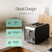 Leisurewize Sleek 2-Slice Toaster Black 850W - product image, showing a modern two-slice toaster with a black and brushed silver finish sitting on a granite kitchen countertop. The background shows a tiled wall and wooden cutting boards, with text overlays reading 'Sleek Design' and three feature callouts: 'Slim Profile', 'Compact Build', and 'Stylish Look'.
